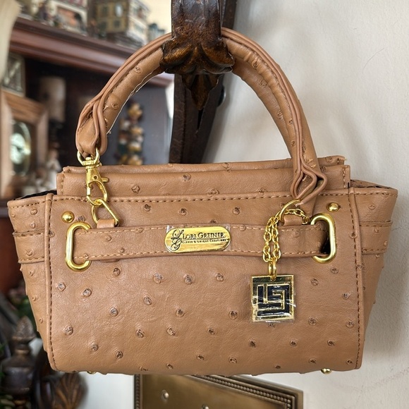 Lori Greiner Faux Ostrich Mini Bag Neutral Tan Zip Purse w/ Gold Tone Accents - Picture 2 of 15